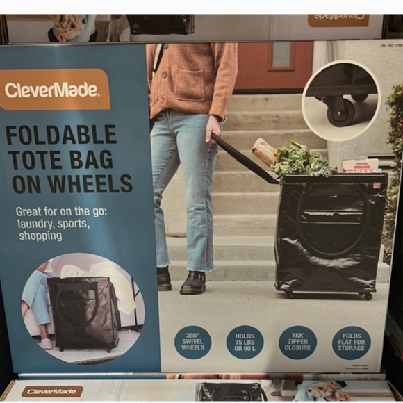 NIB CleverMade Foldable Tote Bag on Wheels - Black, New - Picture 1 of 6